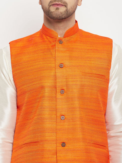 Vastramay Men's Orange Matka Silk Nehru Jacket With Kurta and Pant style Pyjama Set
